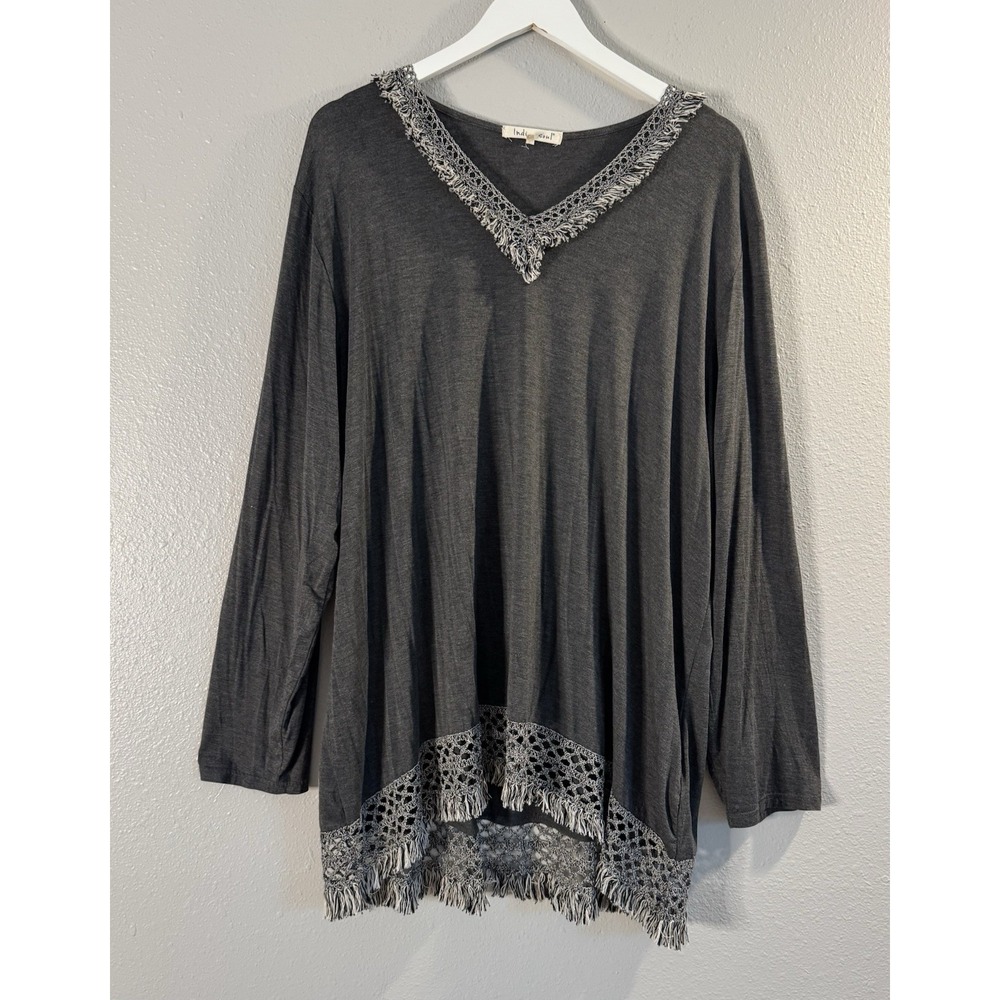 Indigo Soul Whimsigoth Boho Crochet Fringe V Neck High Low Tunic Top Charcoal XL
